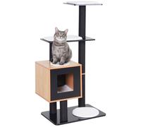 Arbre À Chats Design Contemporain Griffoirs Grattoirs Sisal Naturel Centre D'activités Niche Plate-Formes Jeu Boules Suspendues 71l X 49l X 120h Cm Mdf Noir Hêtre