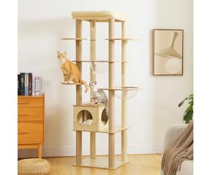 Arbre à chats multi-niveaux pour chats d'intérieur, tour à chat en bois avec griffoirs, grand espace de vie, hamac confortable, grand perchoir supérieur, griffoire pour chat, jouets pour chats, AMT006