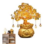 Arbre à monnaie en citrine naturelle de 7 x 15 cm, petit sac à billets, sacs cadeaux inclus, design doré vif | Décoration de table pour la maison, symbole de prospérité, bonne fortune, décoration de