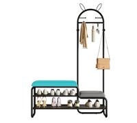 Arbre de couloir 4 en 1 avec banc de rangement à chaussures, 6 crochets en métal, coussin de siège rembourré, petit rangement latéral mignon pour couloir, vestiaire, chambre à coucher (bleu, 90 cm)