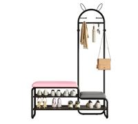 Arbre de couloir 4 en 1 avec banc de rangement à chaussures, 6 crochets métalliques, coussin de siège rembourré, banc latéral mignon, étagères pour couloir, vestiaire, chambre à coucher (rose, 80 cm)