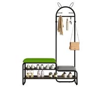 Arbre de couloir 4 en 1 vert clair avec banc de rangement à chaussures, porte-manteau à 6 crochets, coussin de siège rembourré, petit banc latéral et étagères pour entrée, vestiaire, chambre à coucher
