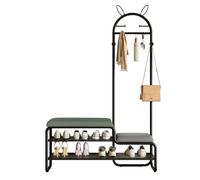 Arbre de couloir avec banc de rangement à chaussures 4 en 1 avec 6 crochets en métal, petit banc latéral de rangement, coussin rembourré pour couloir, vestiaire, chambre à coucher (gris, 120 cm)