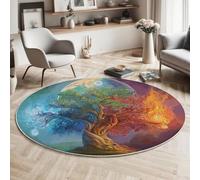 Arbre De Feu D'Eau Illustrations Fantastiques Tapis Rond Lavable En Machine Ø 60Cm,Tapis Imprimé Antidérapant - Moquette Doux Poils Courts Pour Salon Chambre À Coucher Cuisine Décor Intérieur
