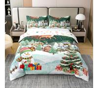Arbre de Noël 100% Coton Housse de Couette 240 x 260,Impression Cerf Bonhomme de Neige de Noël Parure de Lit Chambre,Décor de Chambre de Père Noël pour Enfants Literie Set,Maison Brun Vert Couvre Lit