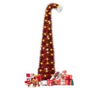 Arbre De Noël 150 cm Pliable Pop-Up, Artificial Christmas Tree avec 50 Lumineux LED, Tinsel Côté pour Décoration Vacances, Support Stable à Quatre Pieds, Sapin Noel Crayon pour Décoration Noël, Rouge