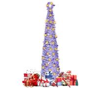 Arbre De Noël 150 cm Pliable Pop-Up, Artificial Christmas Tree avec 50 Lumineux LED, Tinsel Côté pour Décoration Vacances, Support Stable à Quatre Pieds, Sapin Noel Crayon pour Décoration Noël,Violet