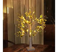 Arbre de Noël artificiel en bouleau à feuilles vertes avec éclairage LED, arbre de Noël féérique avec 24 LED, lumière chaude, lampe d'esprit avec 3 piles AA et prise USB, arbre artificiel de table