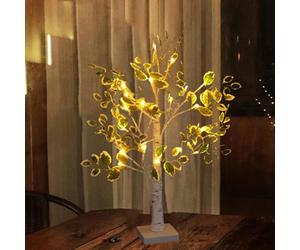 Arbre de Noël artificiel en bouleau à feuilles vertes avec éclairage LED, arbre de Noël féérique avec 24 LED, lumière chaude, lampe d'esprit avec 3 piles AA et prise USB, arbre artificiel de table