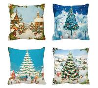 Arbre de Noël Coussin Canape 70 x 70 Lot de 4 Velours Taie Oreiller Dessin animé Coussins Canapé Housse de Coussin, Respirant Taies D'oreillers Coussins Décoratifs, pour Salon Chaise Jardin t-743