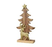 Arbre de Noël décoratif avec étoile et cerf - 28 cm - Figurine décorative pour la période de Noël et d'hiver - Figurine de Noël - Figurine de Noël - Figurine en bois de Noël - Or naturel