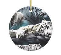 Arbre de Noël en céramique à suspendre - Décoration de Noël ronde avec imprimé de nombreux tigres blancs recto verso