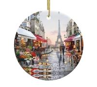 Arbre de Noël en céramique à suspendre - Décoration de Noël ronde avec peinture à l'huile double face Paris Street Scène Tour Eiffel