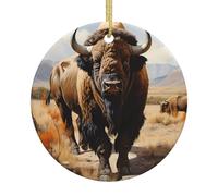 Arbre de Noël en céramique à suspendre en forme de troupeau de bisons d'Amérique du Nord - Souvenir rond, fête de Noël festive pour la maison, le bureau