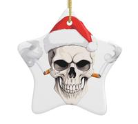 Arbre de Noël en céramique à suspendre en forme d'étoile Tête de mort YYHWHJDE portant un chapeau de Père Noël avec cordon métallique perforé et doré