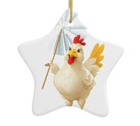 Arbre de Noël en céramique à suspendre en forme d'étoile WINHGA Poulet tenant un moulin à vent Motif facile à accrocher pour fête de vacances 7,9 x 7,9 cm