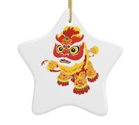 Arbre de Noël en céramique à suspendre en forme d'étoile YYHWHJDE Lion Dance avec un motif de longue histoire avec cordon métallique perforé et doré