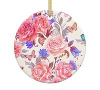 Arbre de Noël en céramique à suspendre, motif fleur, rose, papillon, 7,3 cm, choix parfait pour la décoration de Noël pour la maison et les vacances