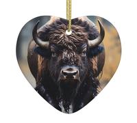 Arbre de Noël en céramique en forme de cœur à suspendre double face Motif bison d'Amérique du Nord