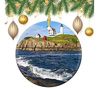 Arbre De Noël Ornements Cap Neddick Le Phare De Nubble York Maine Paix Et Bonheur Céramique À Suspendre Ornements Boule De Noëls Vintage Décoration d'arbre De Noël pour Enfant Maison 7.3CM