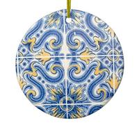 Arbre De Noël Ornements Cercle Portugais en Carreaux Bleus Et Jaunes Céramique À Suspendre Détachables Ornements d'arbre De Noël Esthétique Boule De Noëls pour Enfant Home Decor Maison 7.3CM