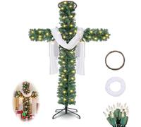 Arbre de Noël pliable en forme de croix - Croix de Noël artificielle pré-éclairée - Sapins de Noël scintillants d'extérieur avec lumière LED et écharpe en soie - Nœud en bois et rotin - 180 cm