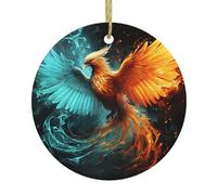 Arbre de Noël rond en céramique à suspendre avec phénix et feu d'eau - Pendentifs de Noël imprimés double face pour Noël, fête de famille, décoration de vacances