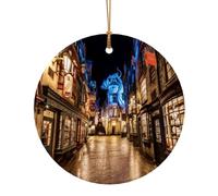 Arbre de Noël rond en céramique imprimé paysage de rue à suspendre multi-échelles ornements avec suspension pour la décoration de la maison 3 tailles
