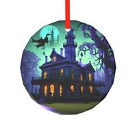 Arbre de Noël rond en verre imprimé manoir hanté noir à suspendre pour fêtes de Noël, décoration d'intérieur, cadeaux