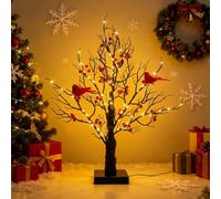 Arbre de Noël vintage lumineux avec cardinaux, 53,3 cm, arbre de Noël avec lumières, lampe USB scintillante avec branches éclairées, faux sapin de Noël pour décoration de table à la maison, au bureau
