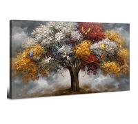 Arbre de Vie Art Mural 50,8x101,6cm Peinture Arbre Colorée Oiseaux Impressions sur Toile pour Salon Image Arbres de Vie Vintage Moderne Or Rouge et Blanc Arbres Oeuvre Salle à Manger Cuisine Décor