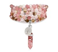 Arbre de vie charme, cadeau de bijoux faits à la main, 108 perles naturelles de marais bracelet Spirit collier avec Reiki quartz Hexagonal Prism pendentif (Tourmaline pastèque (Watermelon Tourmaline))