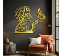 Arbre de Vie en métal, Grande décoration Murale 3D, Art Abstrait représentant Un Visage, Une Femme et des Branches, Silhouette Suspendue pour Salon, Chambre, Salle de Bain (Or, 70