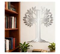 Arbre de Vie en métal, Grande décoration Murale 3D, Croix de Jésus, Branches décoratives, Style chrétien pour Salon, Chambre, église, à Suspendre (argenté, 25 x 22 cm)