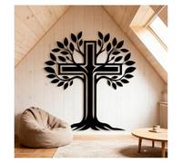 Arbre de Vie en métal, Grande décoration Murale 3D, Croix de Jésus, Branches décoratives, Style chrétien pour Salon, Chambre, église, à Suspendre (Noir, 80 x 70 cm)