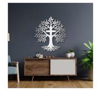 Arbre de Vie en métal, Grande décoration Murale 3D, Croix de Jésus, décoration chrétienne Moderne pour Salon, Chambre, église, à Suspendre (Argent, 90 x 84 cm / 35 x 33 Pouces)