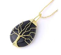 Arbre De Vie Jaune Chaîne Cristaux Collier Pendentif Noir Agate Cristal Goutte d'eau Pierre Naturelle Fil Wrap Colliers Cadeau De Mode pour Les Femmes, comme Montré, Taille Unique