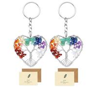 Arbre de Vie Porte Clef Original, 2 Coeur 7 Chakra Guérir Cristal Arbre de Vie Porte Clef Femme Chic Bijoux Pendentif Porte Clé Porte Bonheur avec 2 Carte