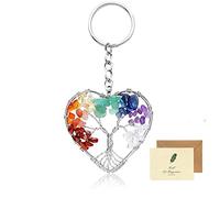Arbre de Vie Porte Clef Original, 7 Chakra Guérir Cristal Arbre de Vie Porte Clef Femme Chic Bijoux Pendentif Porte Clé Porte Bonheur avec Carte (Cœur d'argent)