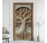 Arbre de Vie Relief Effet 3D Sticker Porte, Texture Sacré Blanc Papier Autocollant Porte Mural Décoration, Animaux Oiseau Stickers Muraux Amovible PVC 77x200 cm