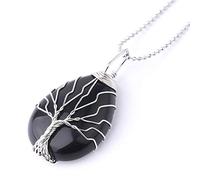 Arbre De Vie S925 Chaîne Cristaux Collier Pendentif Onyx Noir Cristal Goutte d'eau Pierre Naturelle Fil Wrap Colliers Cadeau De Mode pour Les Femmes, comme Montré, Taille Unique