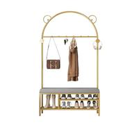 Arbre d'entrée 3 en 1 avec banc et rangement à chaussures, porte-manteau d'entrée de 80 cm, tabouret rembourré et crochets, élégant porte-chaussures doré pour un assemblage facile, parfait pour la