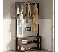 Arbre d'entrée 3 en 1 vintage marron avec banc de rangement 10 crochets et étagère à chaussures - Porte-manteau autoportant pour meubles d'entrée de maison, assemblage facile et design élégant