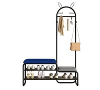 Arbre d'entrée 4 en 1 avec banc de rangement à chaussures, 6 crochets en métal, coussin de siège rembourré, banc latéral mignon, étagères de rangement pour couloir, vestiaire, chambre à coucher, bleu