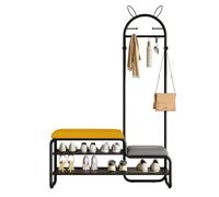 Arbre d'entrée 4 en 1 avec banc de rangement à chaussures, porte-manteau et 6 crochets en métal, joli banc latéral avec étagères et coussin rembourré pour couloir, vestiaire, chambre à coucher (Geel