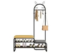 Arbre d'entrée 4 en 1 avec banc de rangement à chaussures, porte-manteau et 6 crochets, joli petit banc latéral avec étagères et coussin rembourré pour couloir, vestiaire, chambre à coucher (jaune