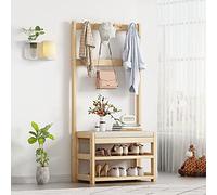 Arbre d'entrée autonome 3 en 1 avec étagère à chaussures et étagère de rangement, assemblage facile, comprend 5 crochets doubles pour décoration de vestiaire et d'entrée