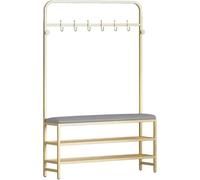 Arbre d'entrée autonome avec porte-manteau de rangement et banc d'entrée rembourré avec cadre en métal durable, design peu encombrant pour la maison