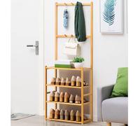Arbre d'entrée autonome en bambou avec crochets 4 niveaux pour manteaux, chapeaux, sacs, chaussures et parapluies. Solution de rangement élégante pour l'entrée de la maison