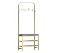 Arbre d'entrée avec banc de rangement, porte-manteau autoportant, rangement à chaussures, siège rembourré en cuir synthétique, cadre en métal stable, crochets